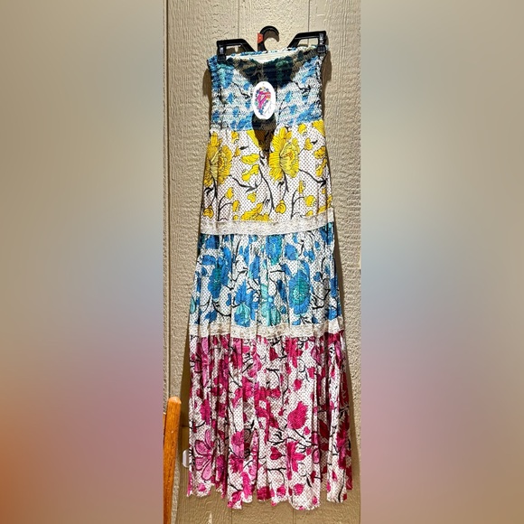 MAGAZINE Dresses & Skirts - MAGAZINE Strapless Maxi Boho Dress Cotton Stretchy Top Yellow Blue Fuchia SZ M